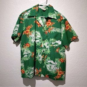 Vintage Made in Hawaii Mens Hawaiian Shirt L Large Green Floral